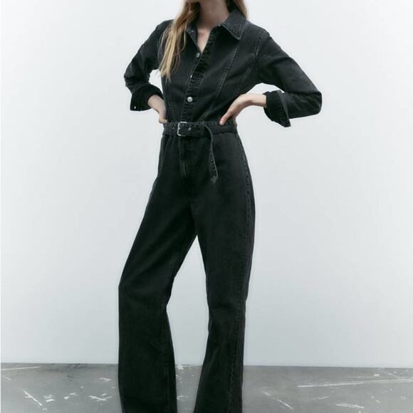 ZARA FULL LENGTH TRF DENIM JUMPSUIT ANTHRACITE GREY - Picture 6 of 12